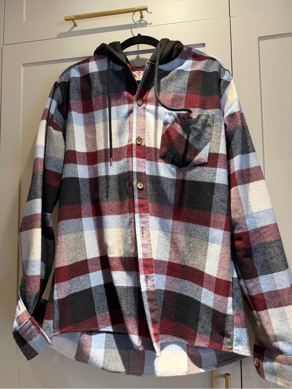 Men's Hooded Plaid Button-Down Shirt Jacket - Burgundy, Black & Light Blue